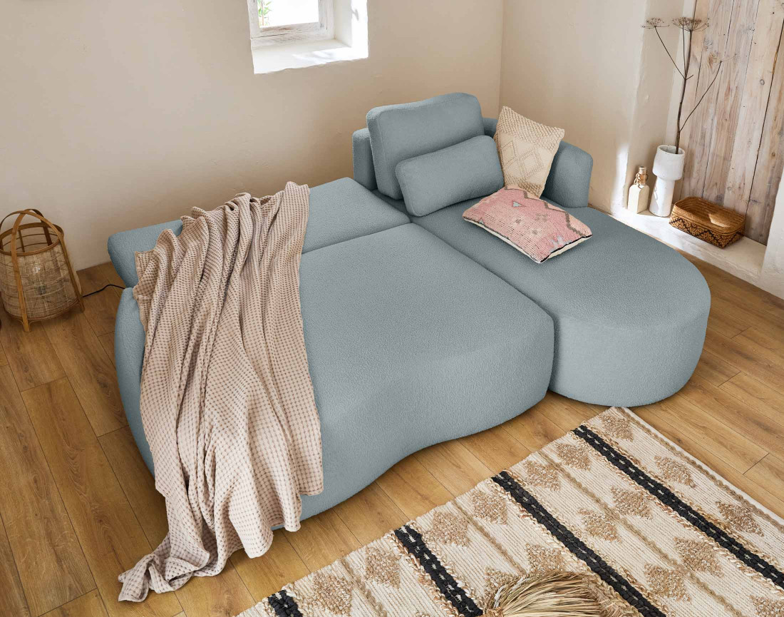 Canapé d'angle droit 4 places convertible avec coffre en tissu bouclette Mahina