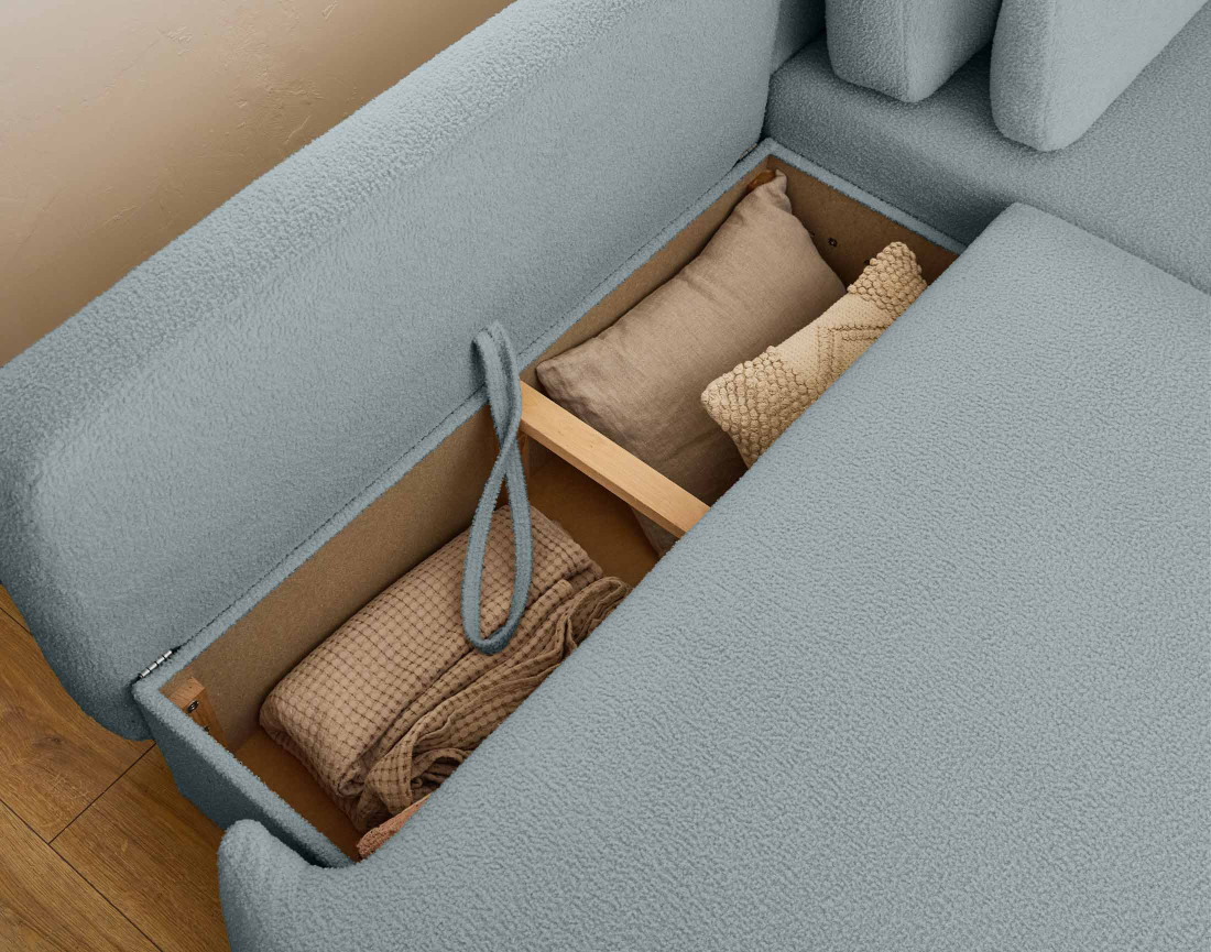 Canapé d'angle droit 4 places convertible avec coffre en tissu bouclette Mahina