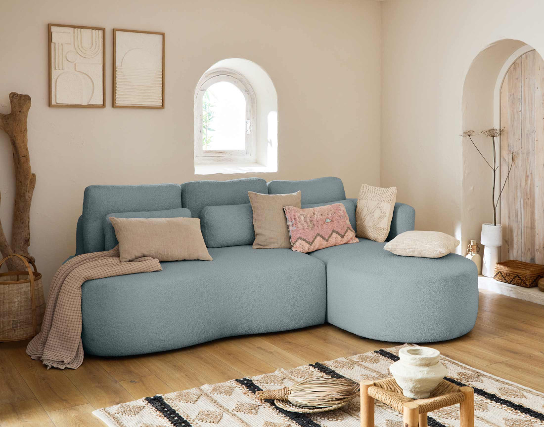 Canapé d'angle droit 4 places convertible avec coffre en tissu bouclette Mahina