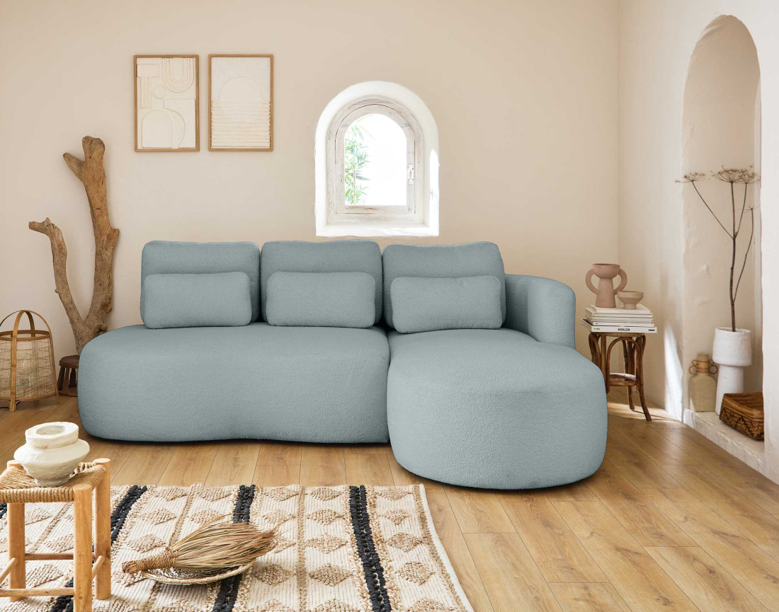 Canapé d'angle droit 4 places convertible avec coffre en tissu bouclette Mahina