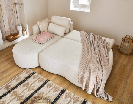 Canapé d'angle gauche 4 places convertible avec coffre en tissu bouclette Mahina