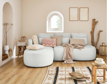 Canapé d'angle gauche 4 places convertible avec coffre en tissu bouclette Mahina