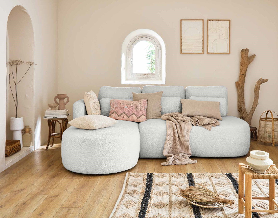 Canapé d'angle gauche 4 places convertible avec coffre en tissu bouclette Mahina