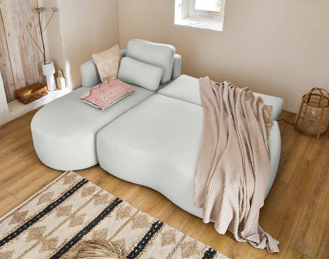 Canapé d'angle gauche 4 places convertible avec coffre en tissu bouclette Mahina