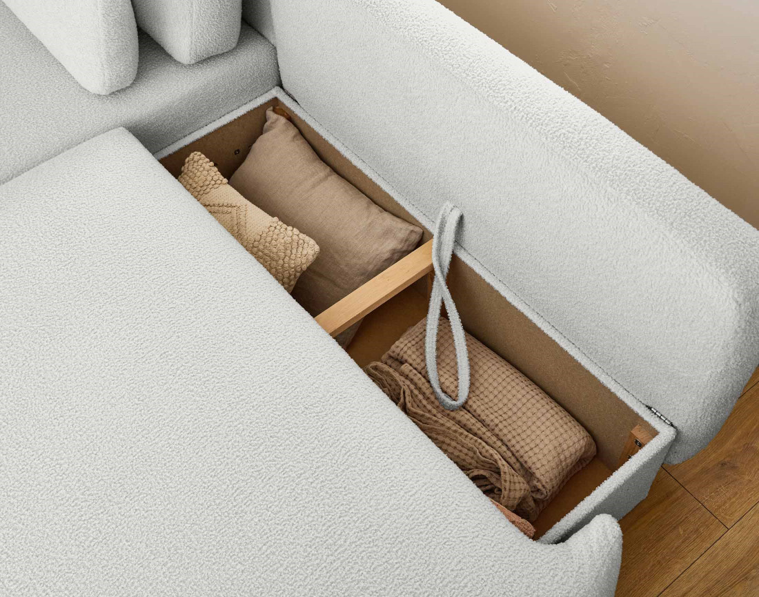 Canapé d'angle gauche 4 places convertible avec coffre en tissu bouclette Mahina