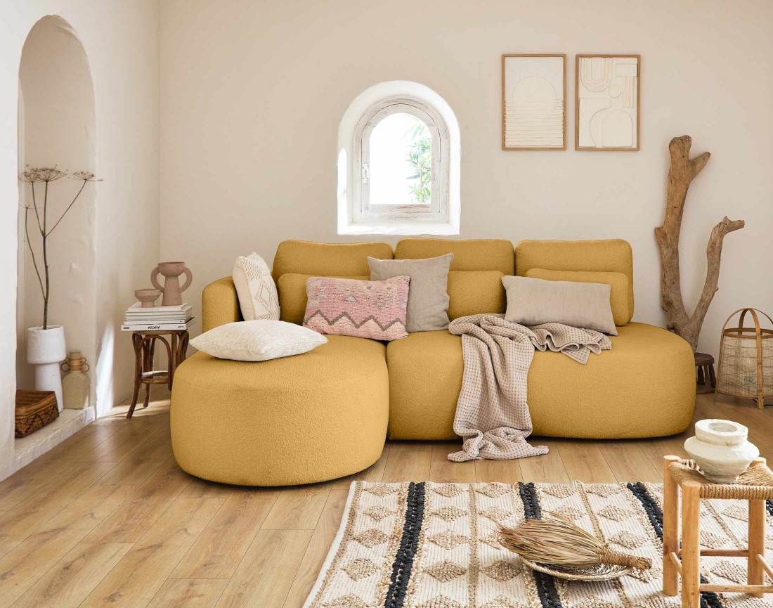 Canapé d'angle gauche 4 places convertible avec coffre en tissu bouclette Mahina