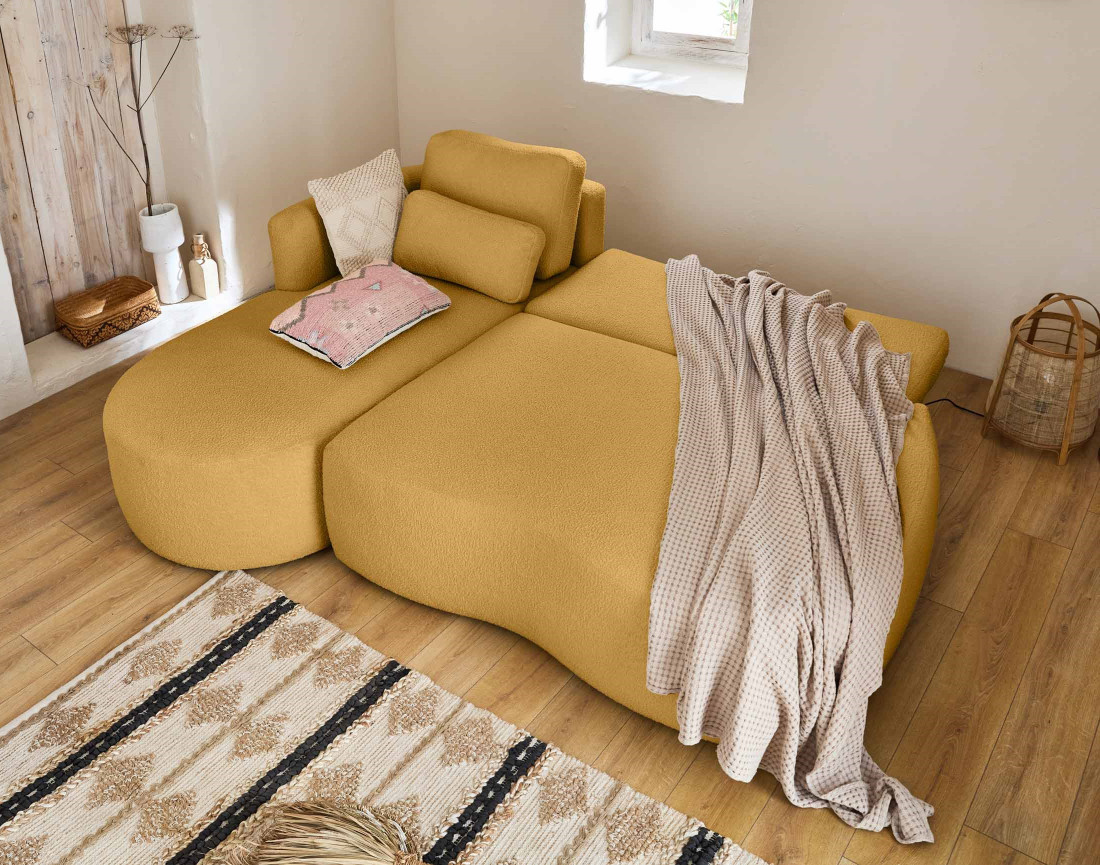 Canapé d'angle gauche 4 places convertible avec coffre en tissu bouclette Mahina