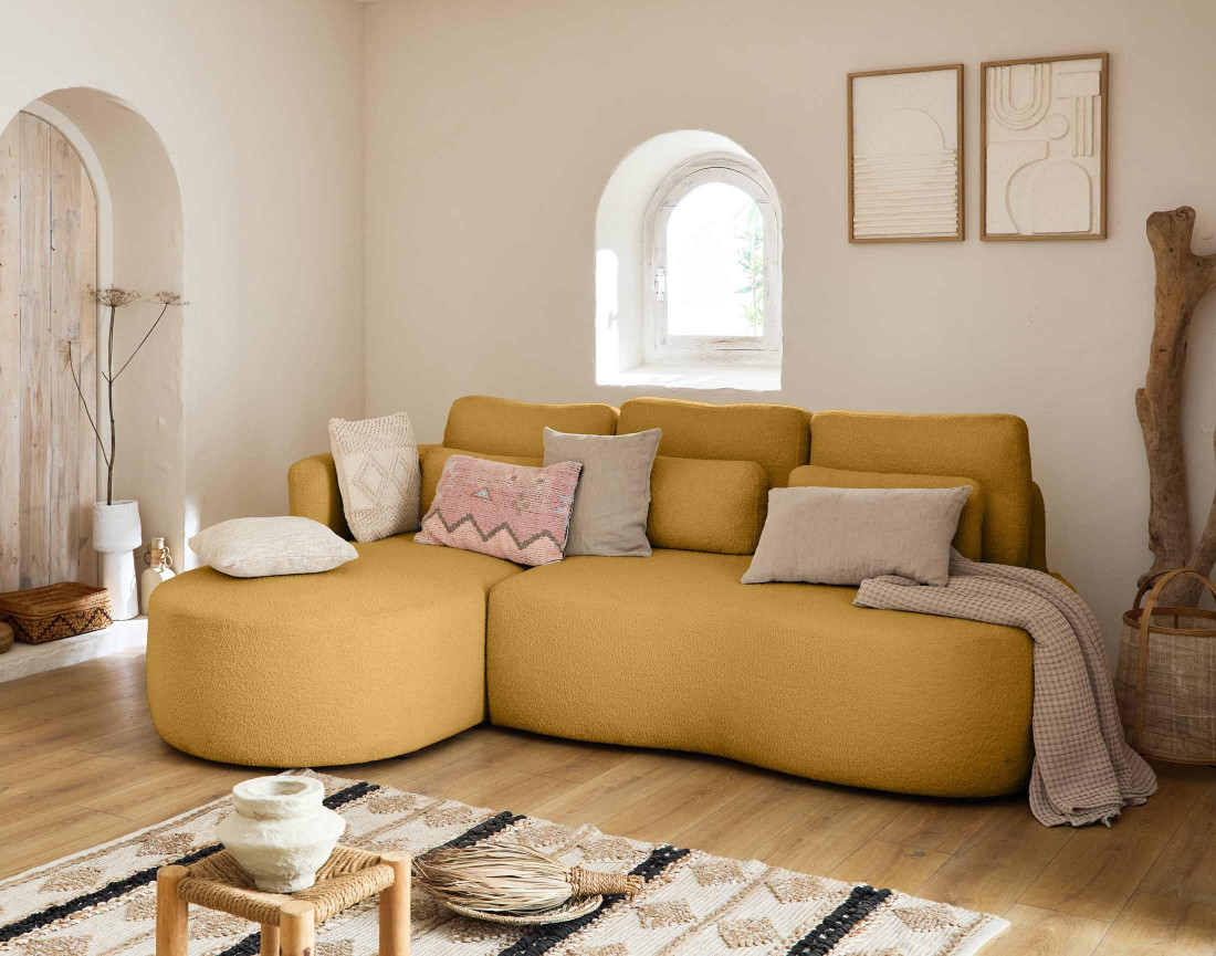 Canapé d'angle gauche 4 places convertible avec coffre en tissu bouclette Mahina