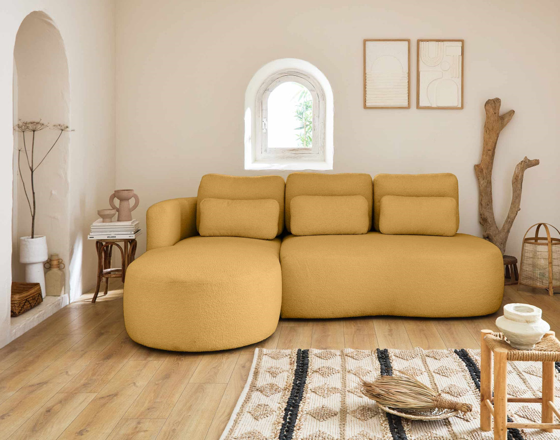 Canapé d'angle gauche 4 places convertible avec coffre en tissu bouclette Mahina