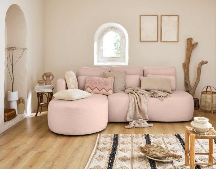 Canapé d'angle gauche 4 places convertible avec coffre en tissu bouclette Mahina