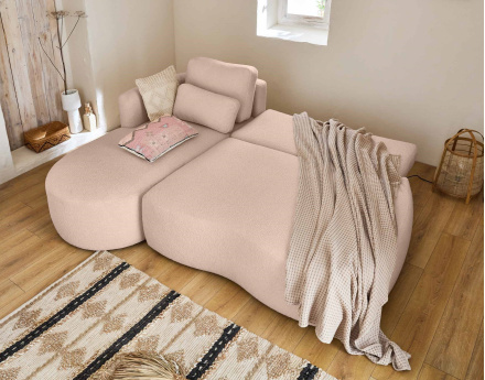 Canapé d'angle gauche 4 places convertible avec coffre en tissu bouclette Mahina