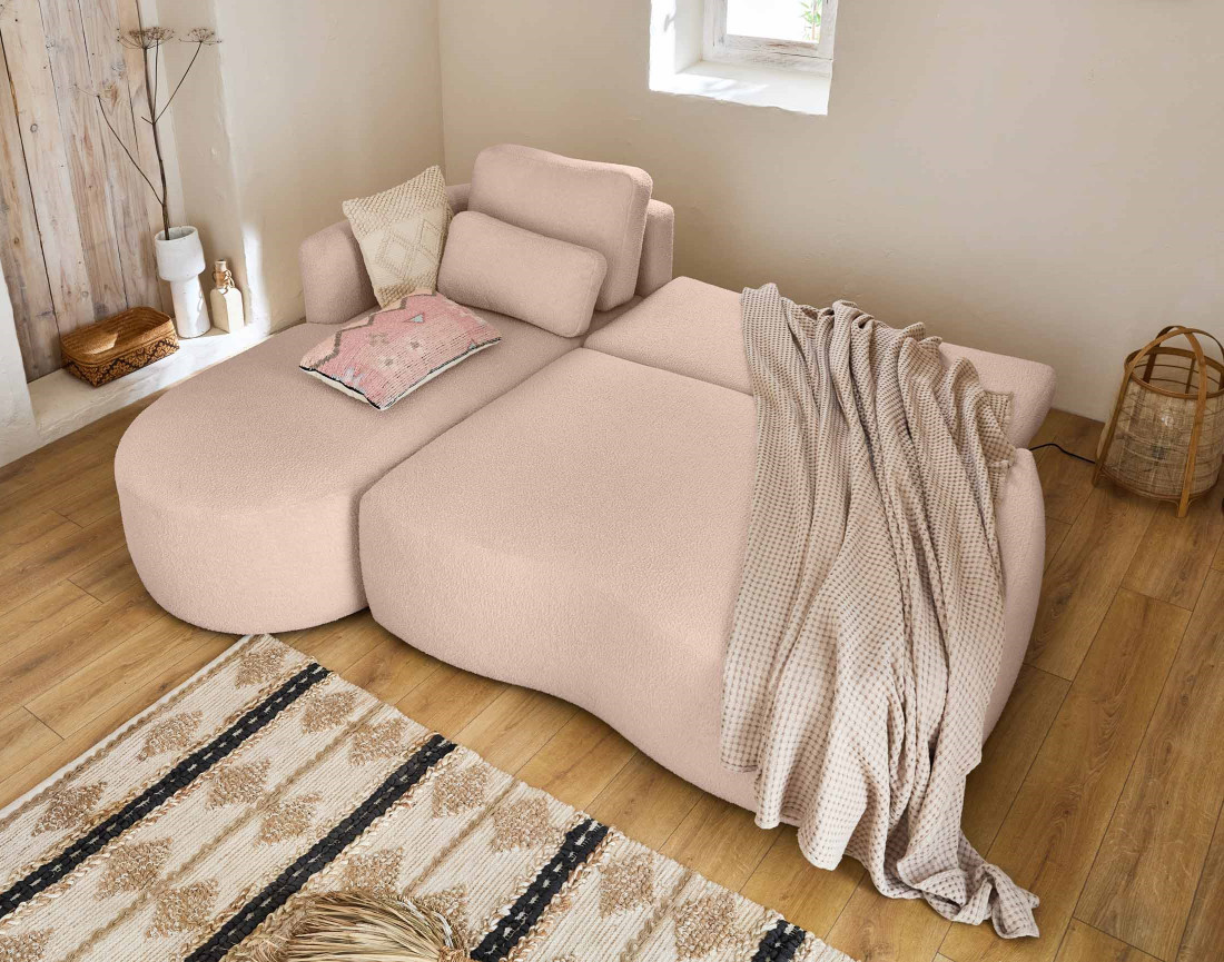 Canapé d'angle gauche 4 places convertible avec coffre en tissu bouclette Mahina