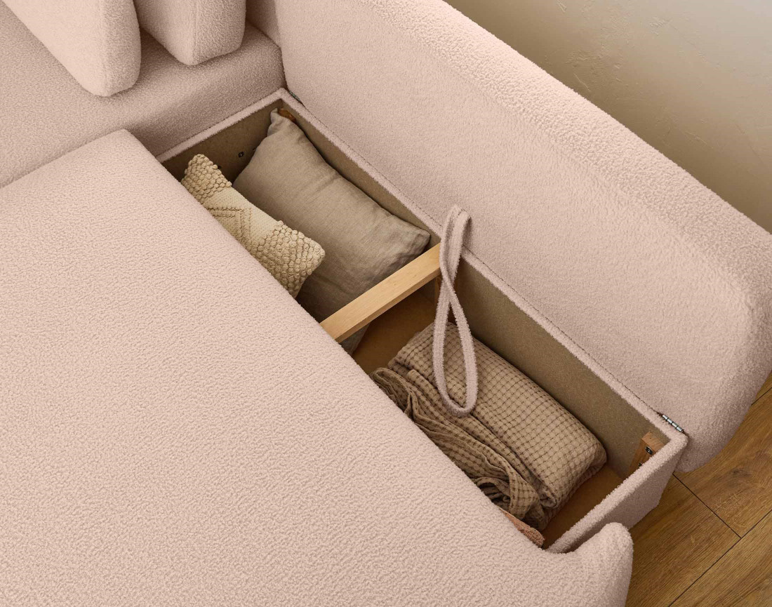 Canapé d'angle gauche 4 places convertible avec coffre en tissu bouclette Mahina