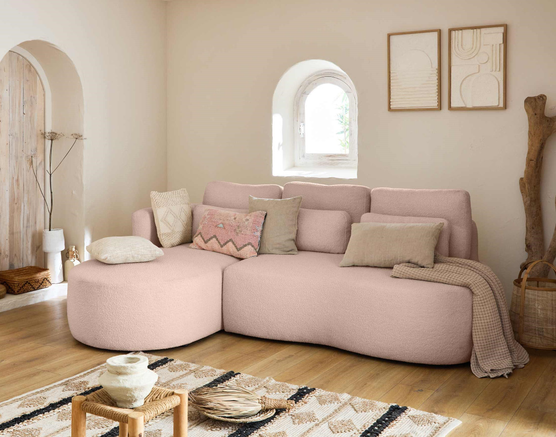 Canapé d'angle gauche 4 places convertible avec coffre en tissu bouclette Mahina