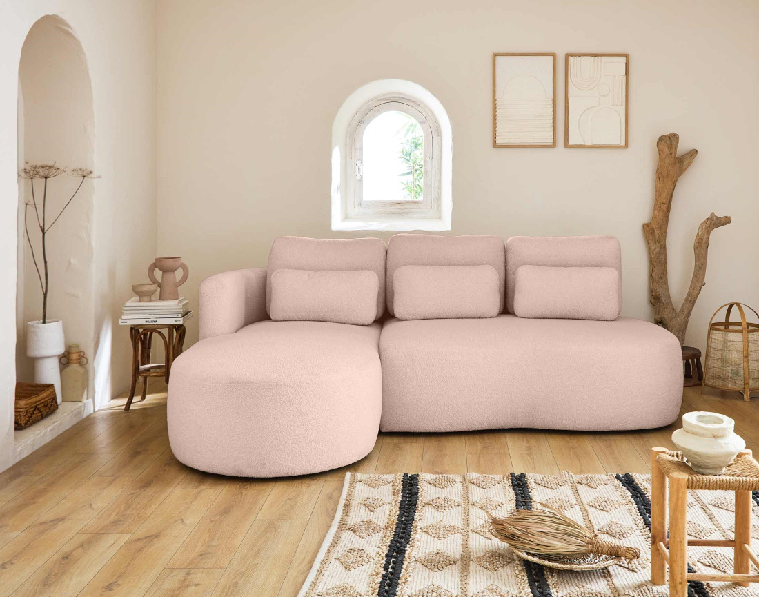 Canapé d'angle gauche 4 places convertible avec coffre en tissu bouclette Mahina