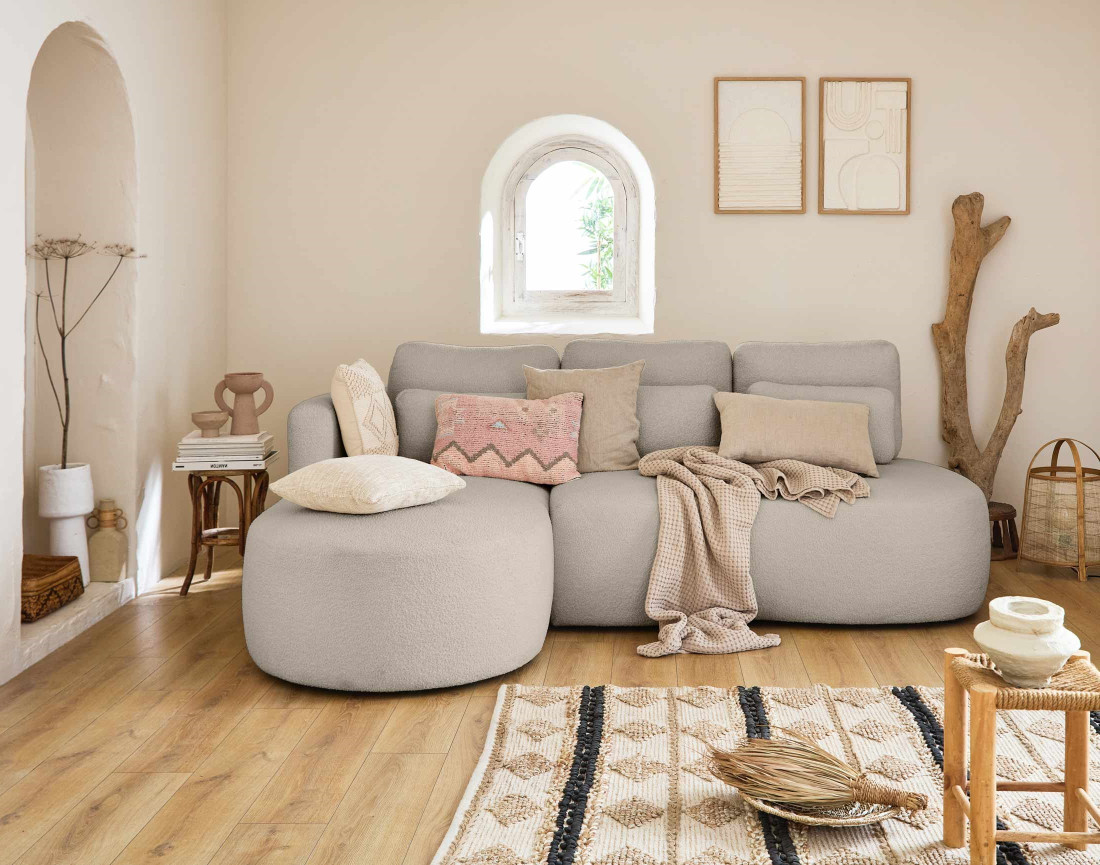 Canapé d'angle gauche 4 places convertible avec coffre en tissu bouclette Mahina