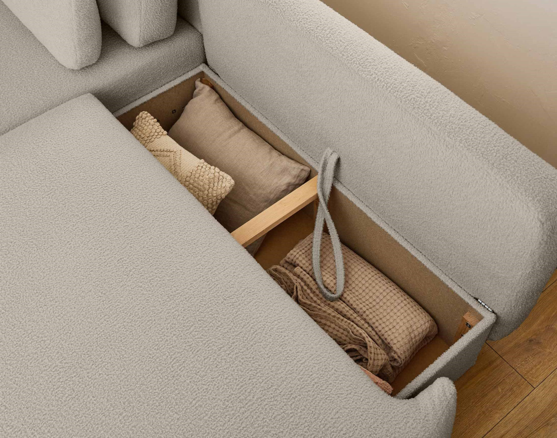 Canapé d'angle gauche 4 places convertible avec coffre en tissu bouclette Mahina