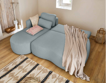 Canapé d'angle gauche 4 places convertible avec coffre en tissu bouclette Mahina