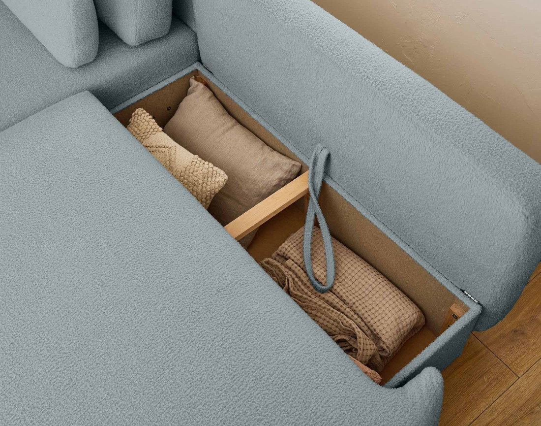 Canapé d'angle gauche 4 places convertible avec coffre en tissu bouclette Mahina