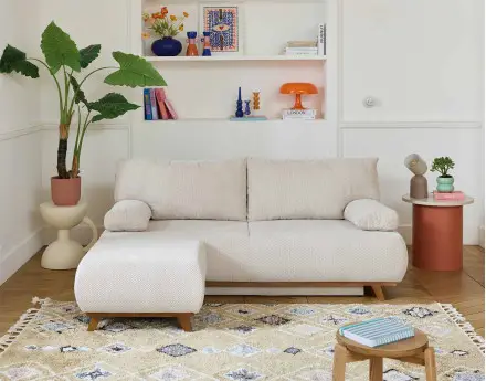 Canapé 3 places convertible avec coffre et pouf en velours texturé Cristal