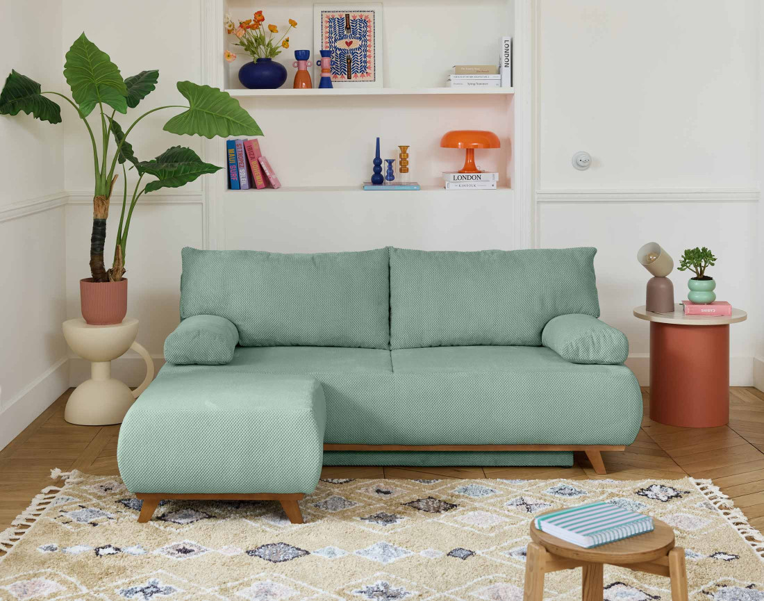 Canapé 3 places convertible avec coffre et pouf en velours texturé Cristal