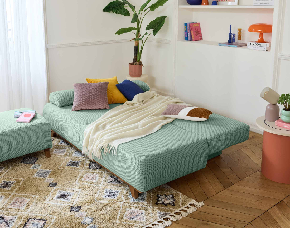 Canapé 3 places convertible avec coffre et pouf en velours texturé Cristal