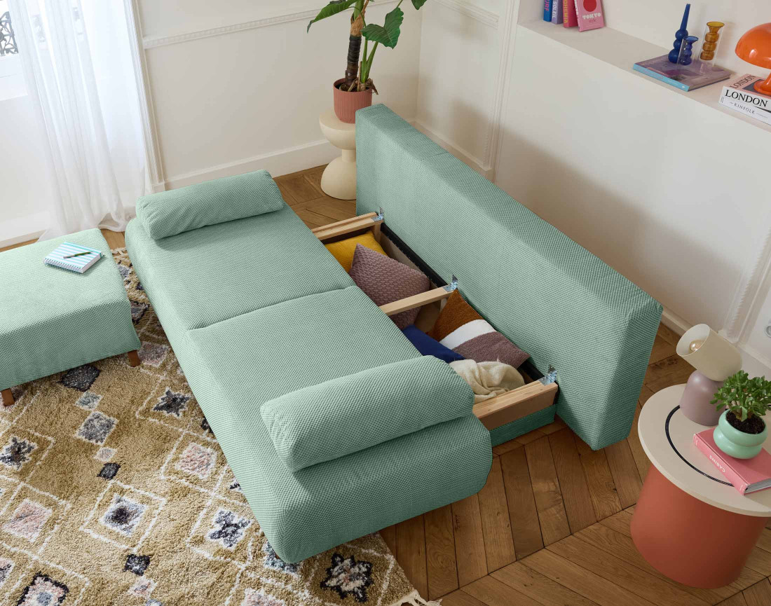 Canapé 3 places convertible avec coffre et pouf en velours texturé Cristal