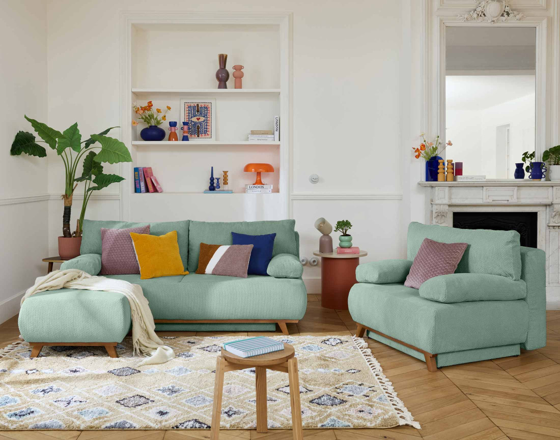 Canapé 3 places convertible avec coffre et pouf en velours texturé Cristal