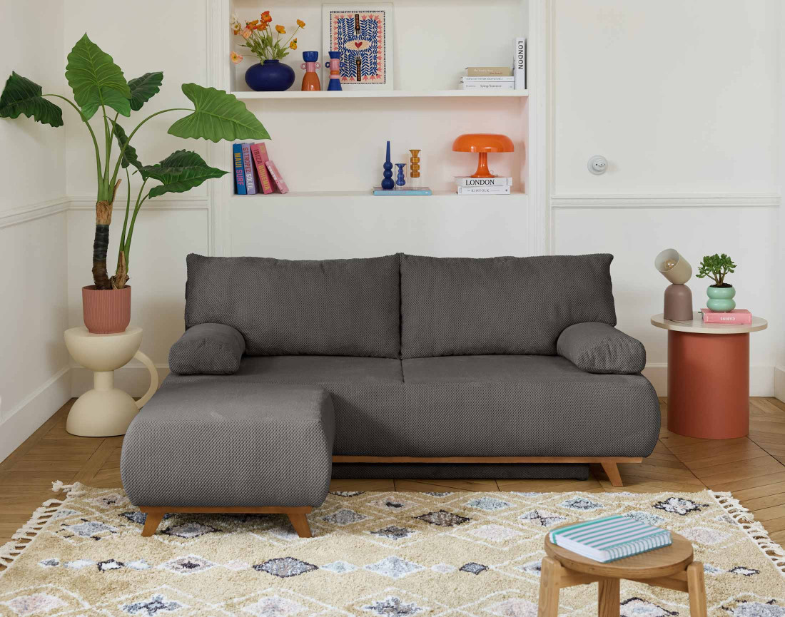 Canapé 3 places convertible avec coffre et pouf en velours texturé Cristal