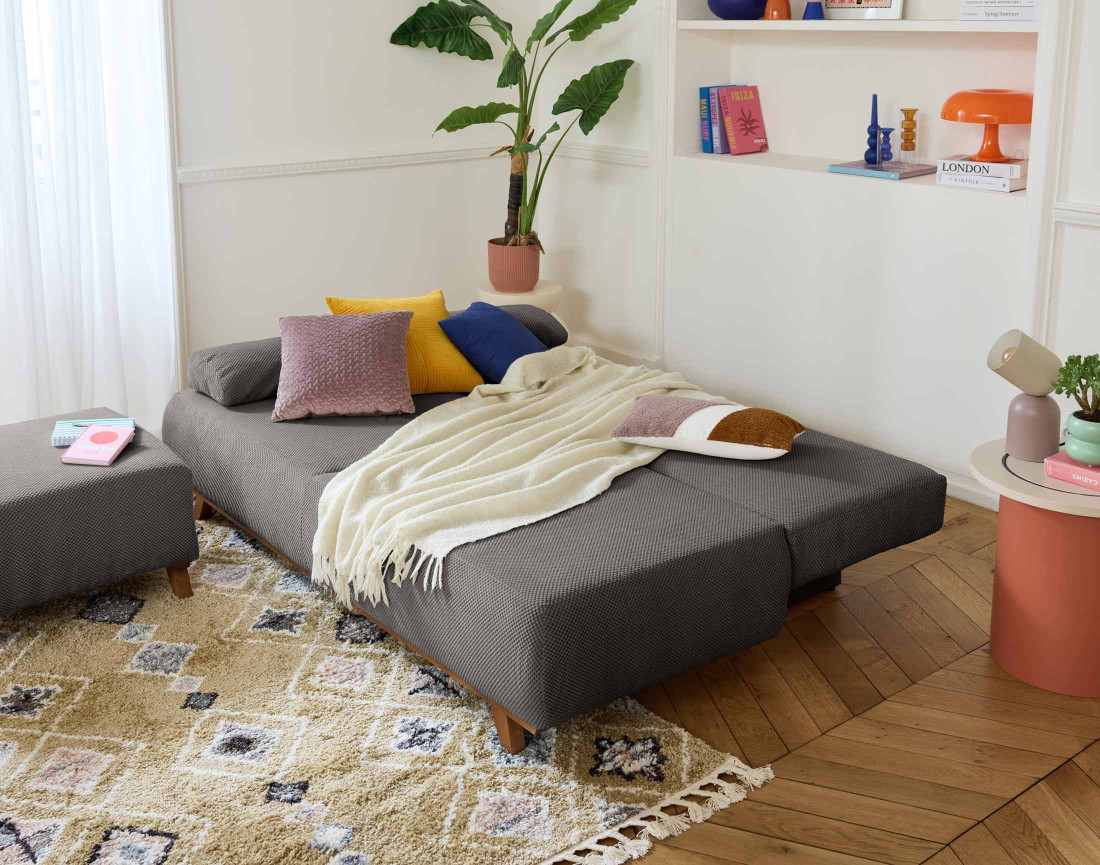 Canapé 3 places convertible avec coffre et pouf en velours texturé Cristal