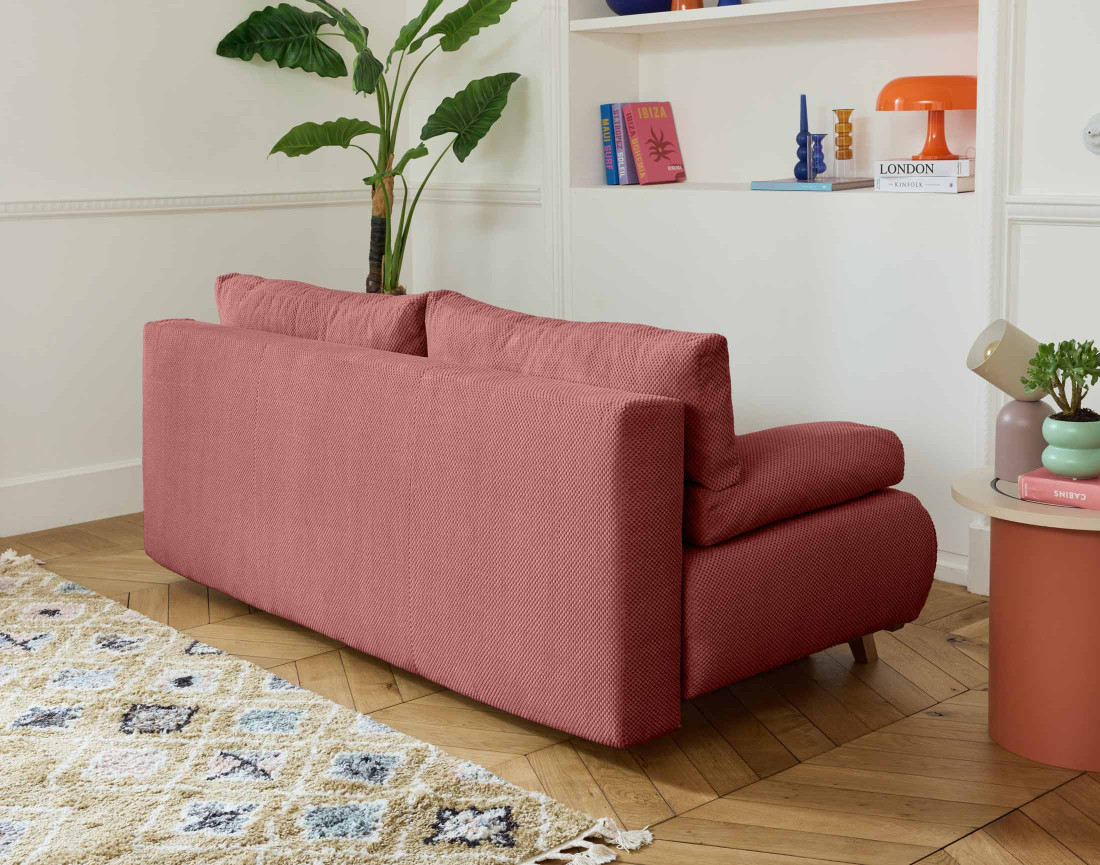 Canapé 3 places convertible avec coffre et pouf en velours texturé Cristal