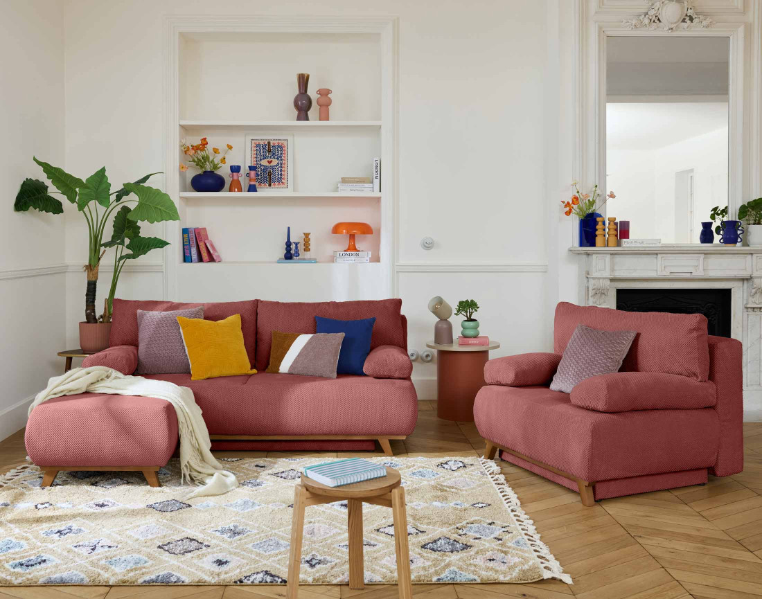 Canapé 3 places convertible avec coffre et pouf en velours texturé Cristal