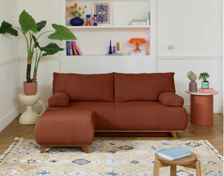 Canapé 3 places convertible avec coffre et pouf en velours texturé Cristal