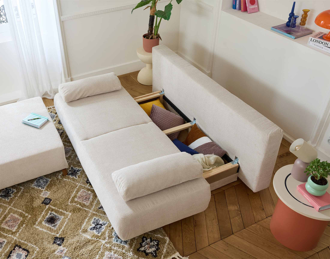Canapé 3 places convertible avec coffre et grand pouf en velours texturé Cristal