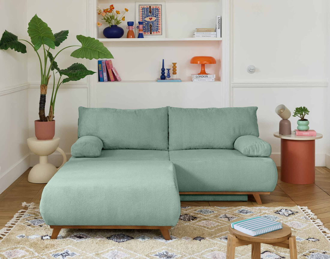 Canapé 3 places convertible avec coffre et grand pouf en velours texturé Cristal