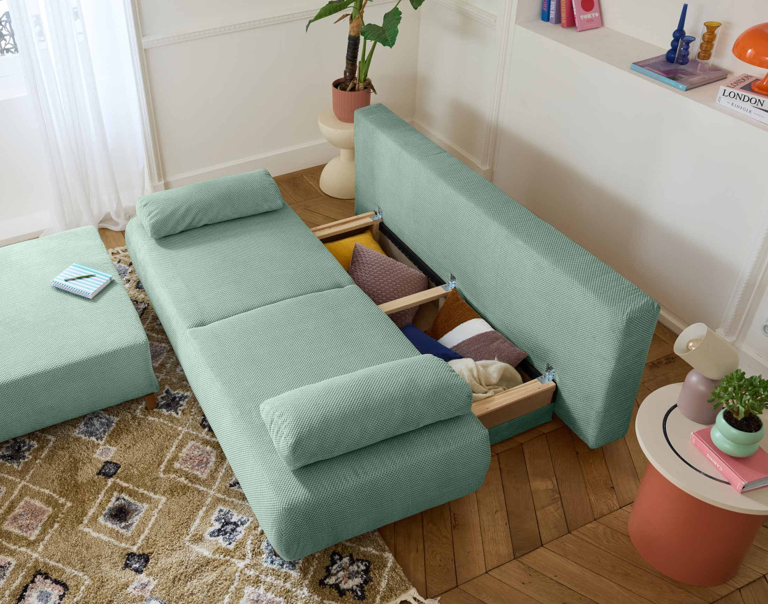 Canapé 3 places convertible avec coffre et grand pouf en velours texturé Cristal