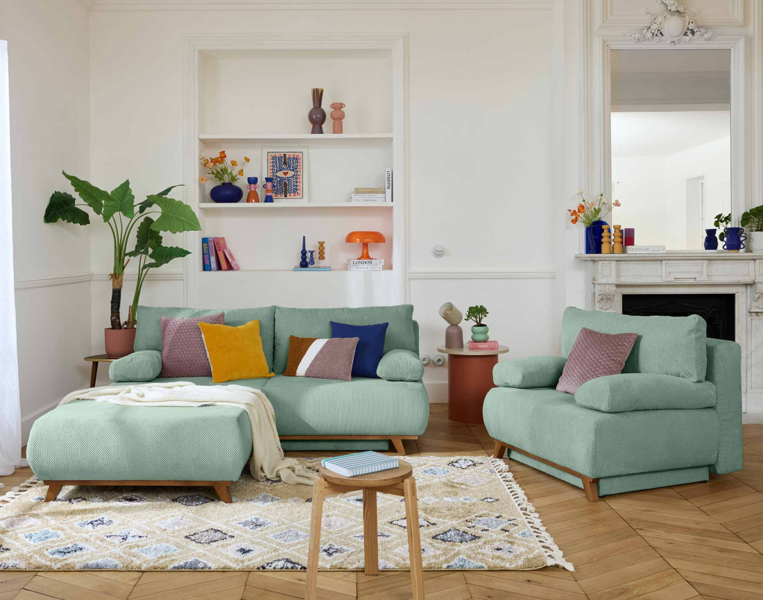 Canapé 3 places convertible avec coffre et grand pouf en velours texturé Cristal