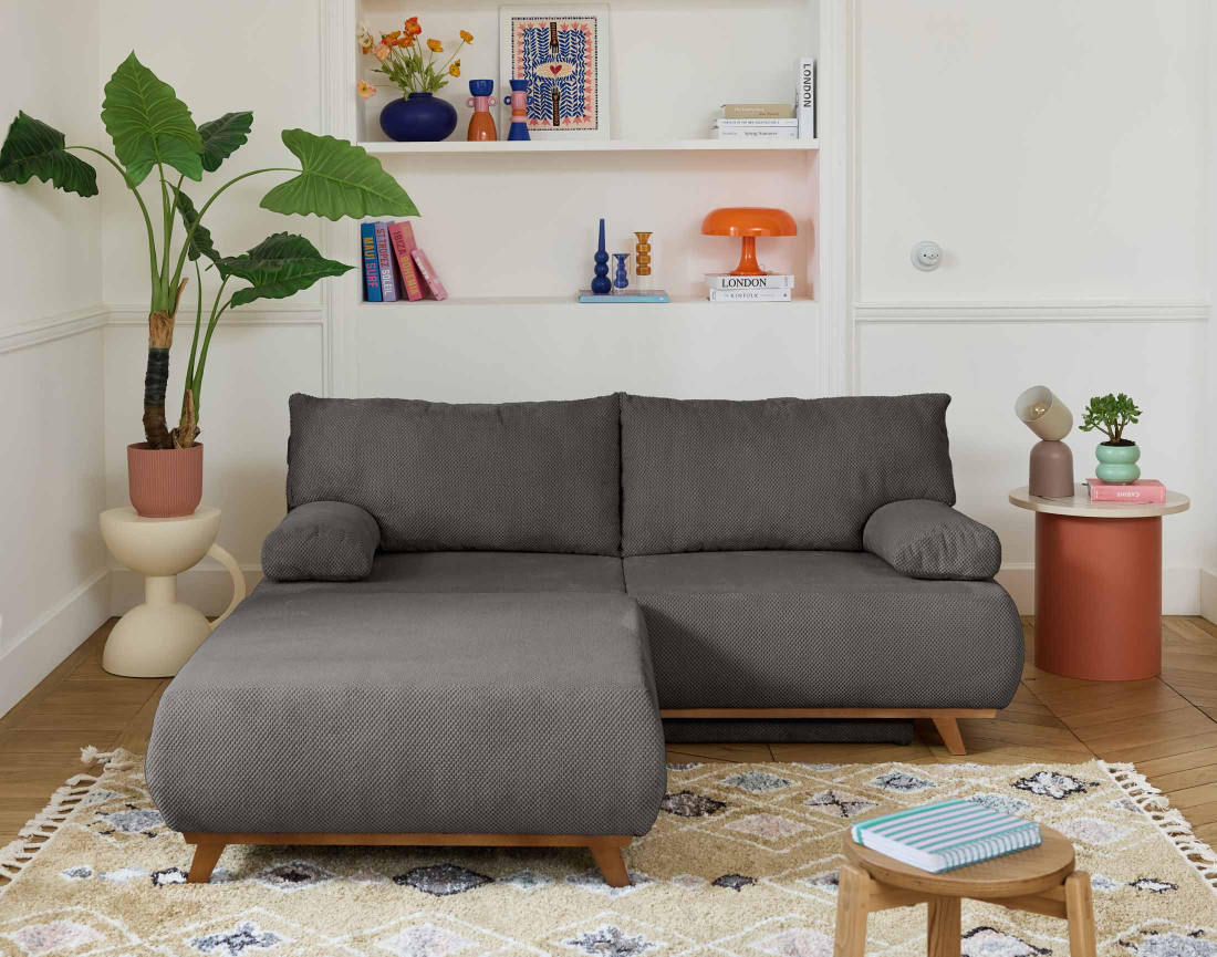 Canapé 3 places convertible avec coffre et grand pouf en velours texturé Cristal