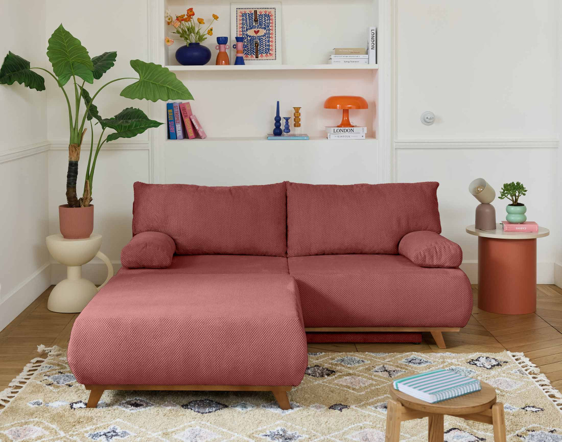 Canapé 3 places convertible avec coffre et grand pouf en velours texturé Cristal