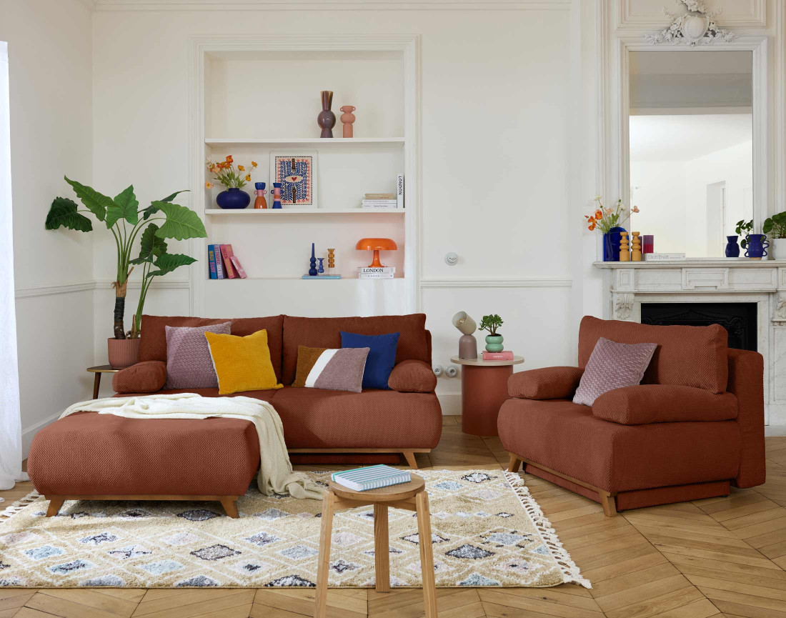 Canapé 3 places convertible avec coffre et grand pouf en velours texturé Cristal