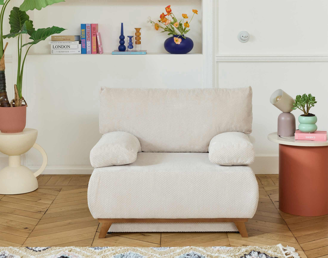 Fauteuil convertible avec coffre et grand pouf en velours texturé Cristal