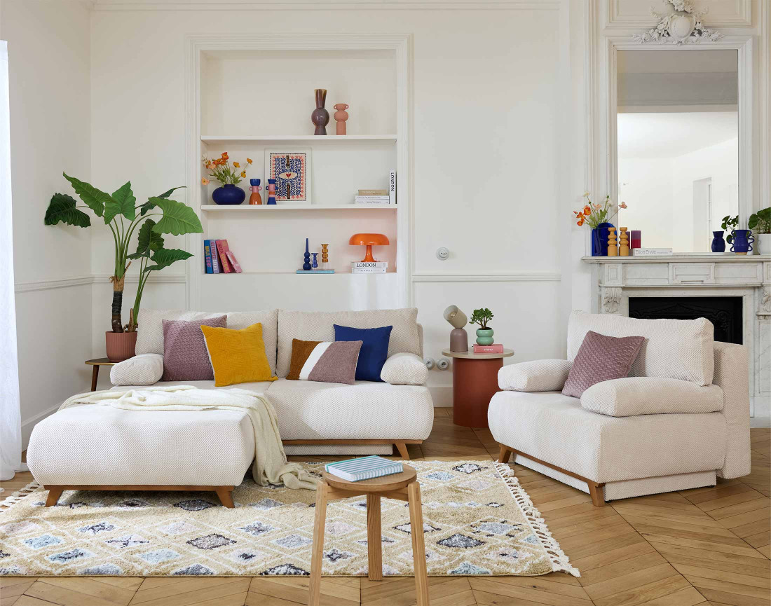 Fauteuil convertible avec coffre et grand pouf en velours texturé Cristal