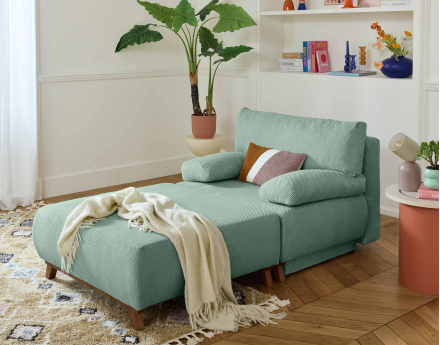 Fauteuil convertible avec coffre et grand pouf en velours texturé Cristal