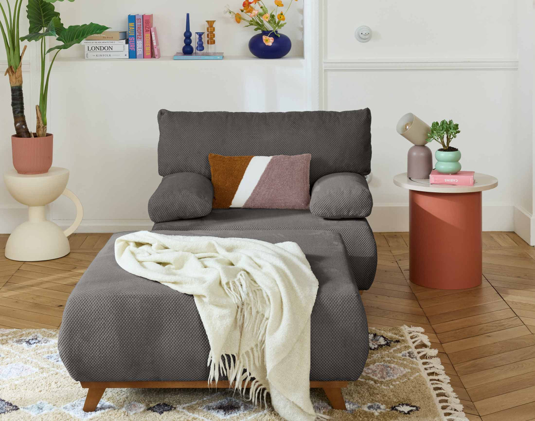 Fauteuil convertible avec coffre et grand pouf en velours texturé Cristal