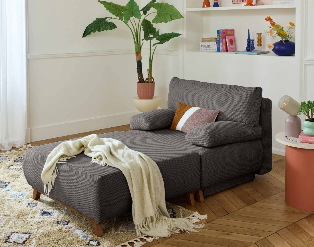 Fauteuil convertible avec coffre et grand pouf en velours texturé Cristal