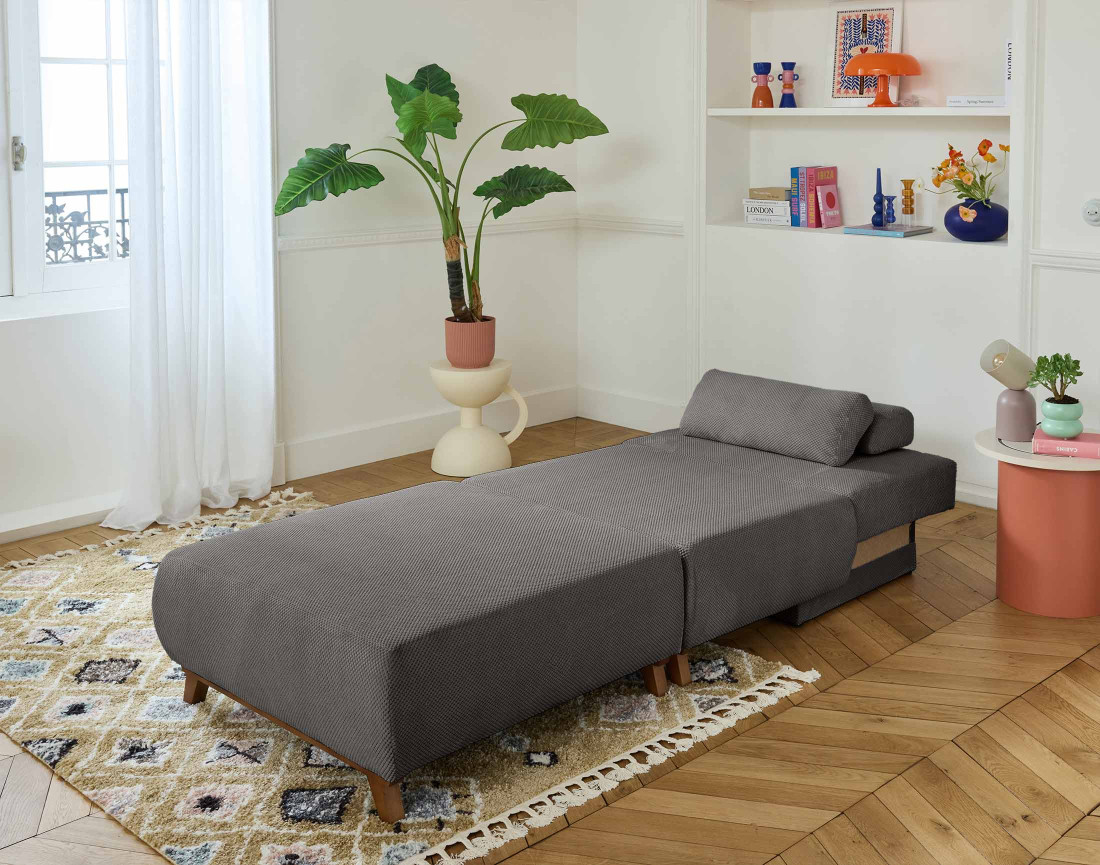 Fauteuil convertible avec coffre et grand pouf en velours texturé Cristal