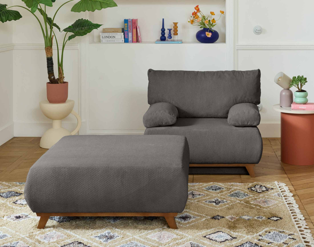 Fauteuil convertible avec coffre et grand pouf en velours texturé Cristal