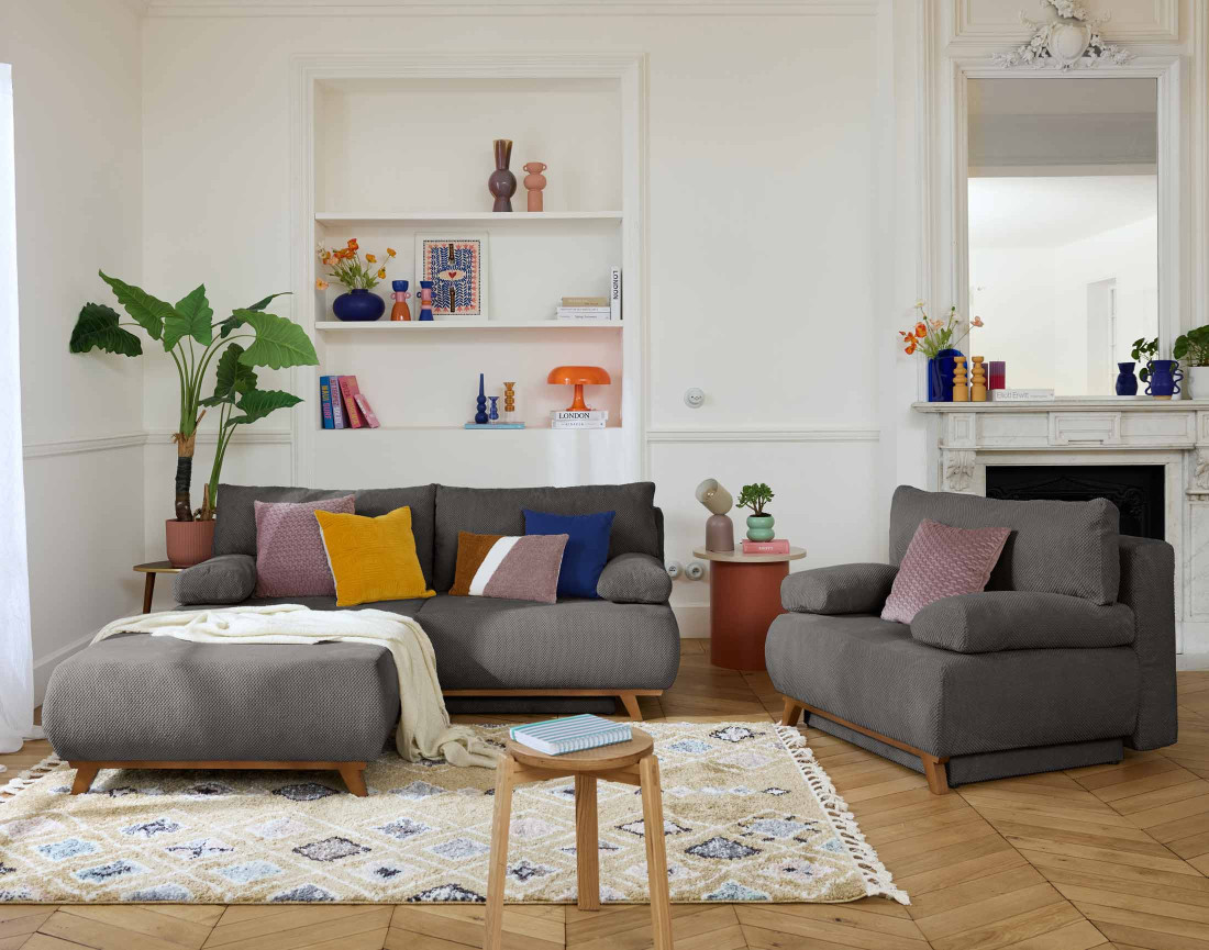 Fauteuil convertible avec coffre et grand pouf en velours texturé Cristal