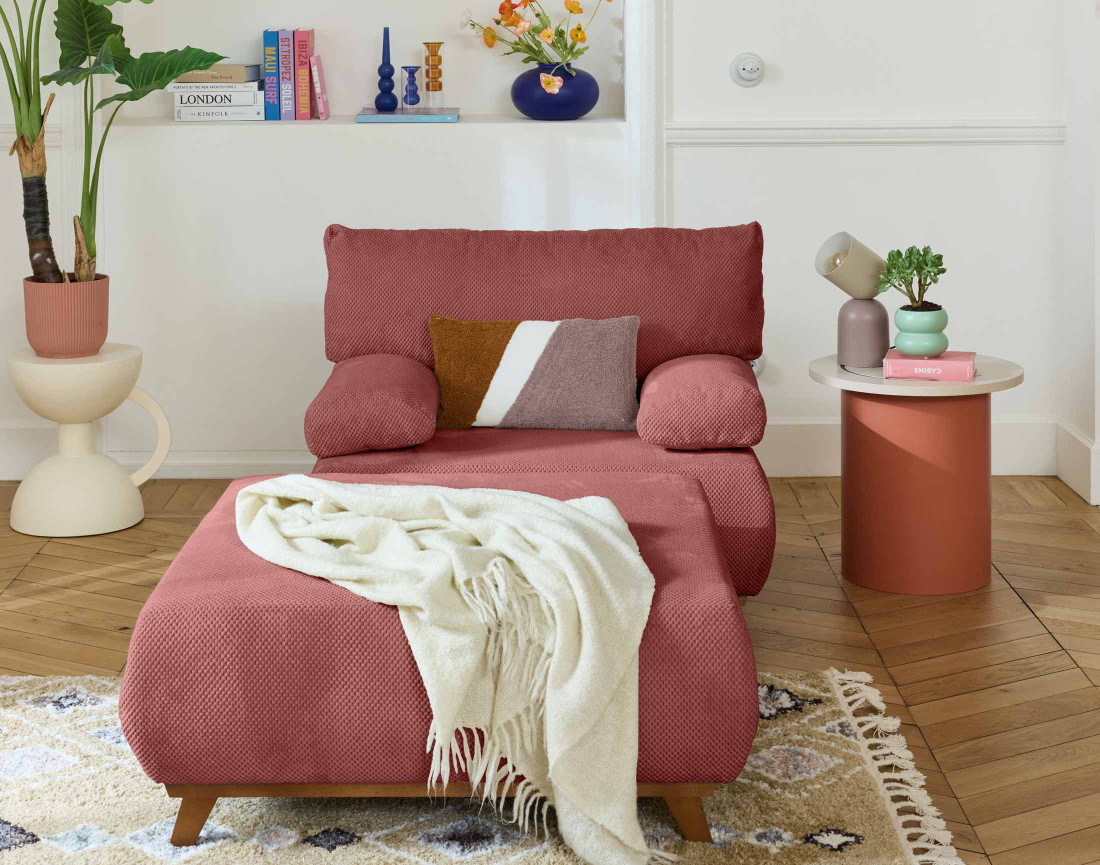 Fauteuil convertible avec coffre et grand pouf en velours texturé Cristal