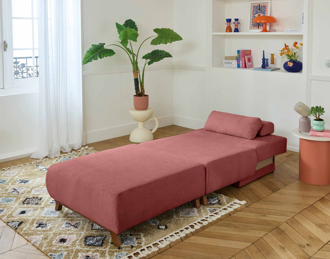 Fauteuil convertible avec coffre et grand pouf en velours texturé Cristal